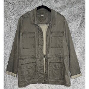 Jou jou Women Utility Jacket Green Button Front Collared Pockets Long Sleeve